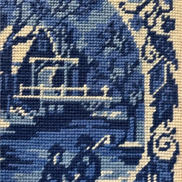 Vintage Blue Cross-Stitch Scenic Winter Art in Wooden Frame - Picture 10 of 16